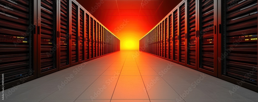 Poster data center with glowing lights and server racks.