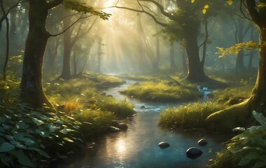 Obraz premium Golden Rays Through the Trees - Beautiful Sunlight Filtering Through Forest Canopy, Nature's Tranquil Beauty and Peaceful Atmosphere