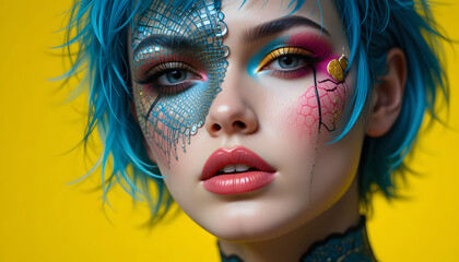 Fototapeta premium An androgynous person with short blue hair, colorful makeup, a split face featuring a snake head and pink lipstick, set against a bright, yellow background.