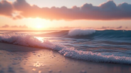 Fototapeta premium A tranquil ocean view with small waves rolling onto the beach under the warm light of a setting sun