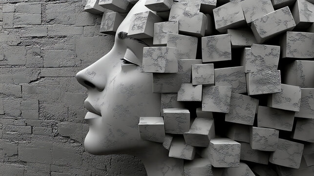 Profile with cubical fragmentation effect. Represents mental complexity and psychological fragmentation concepts.