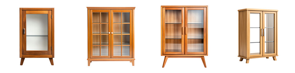 A collection of elegant wooden display cabinets with various designs.