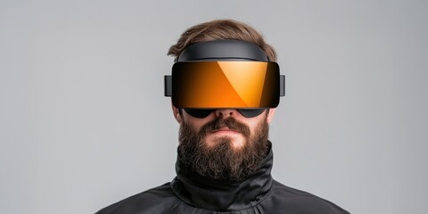 Man wearing futuristic VR headset against a plain background.
