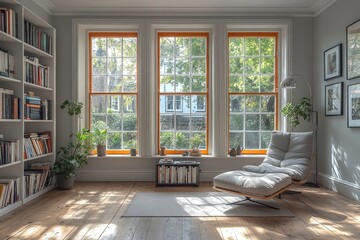 London Terraced House Corner with White Walls, Floorboards, Orange-accented Sash Windows, Bookcase, and Modern Grey Armchair