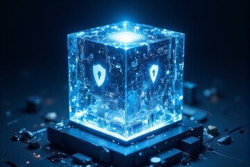 Transparent cube representing blockchain security and financial data integration