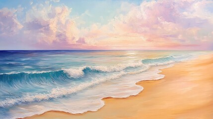 Fototapeta premium A tranquil beach scene with smooth, rippling waves and golden sand, framed by a soft pink and blue sky