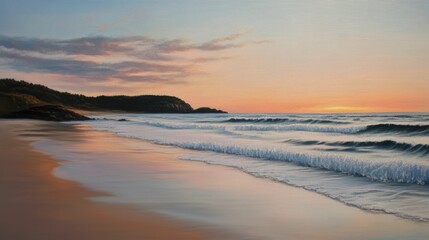 Fototapeta premium A tranquil beach scene with soft waves meeting the shore, bathed in the gentle light of a pastel sunset