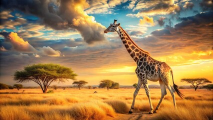 Fototapeta premium Vintage Style Giraffe in Namibia's Kalahari Desert National Park - Stunning Wildlife Photography, Nature Beauty, Majestic Animals, Scenic Landscapes, Safari Adventure, Desert Wildlife