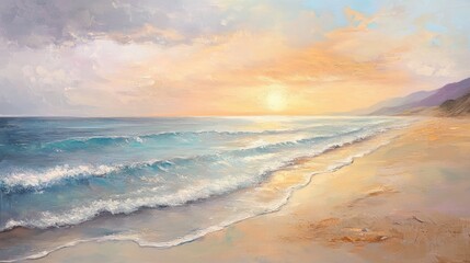 Obraz premium A tranquil beach scene with soft waves meeting the shore, bathed in the gentle light of a pastel sunset