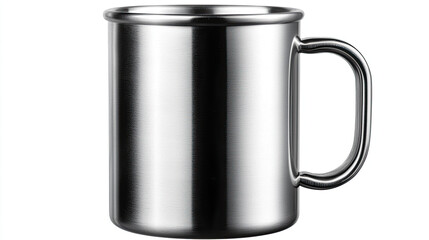 Stainless Steel Mug with Handle, Sleek and Durable Design, Isolated on White Background, Ideal for Outdoor, Camping, and Everyday Use, Minimalistic and Functional Drinkware Concept