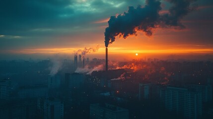 Fototapeta premium Industrial Factory with Smokestacks Releasing Black Exhaust Gases