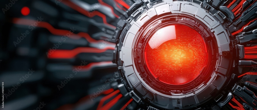 Poster futuristic design featuring a glowing red circular element.