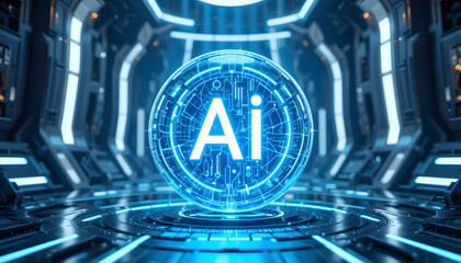 AI Sphere: A glowing blue AI logo illuminates a futuristic, sci-fi environment. This captivating 3D rendering evokes themes of technological advancement, artificial intelligence, and innovation.