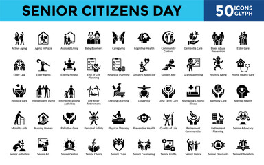 Senior Citizens Day icons set with active aging, aging in place, assisted living, baby boomers, caregiving, cognitive health, community centers, dementia care icon. Simple glyph vector 
