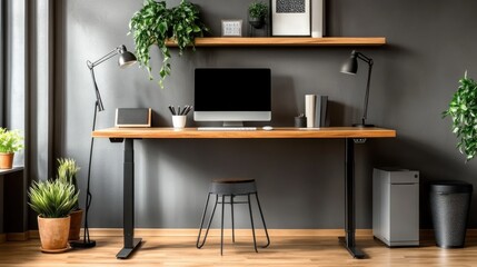 A creative home office idea featuring a standing desk, modern lighting, and ergonomic furniture, perfect for long hours of work