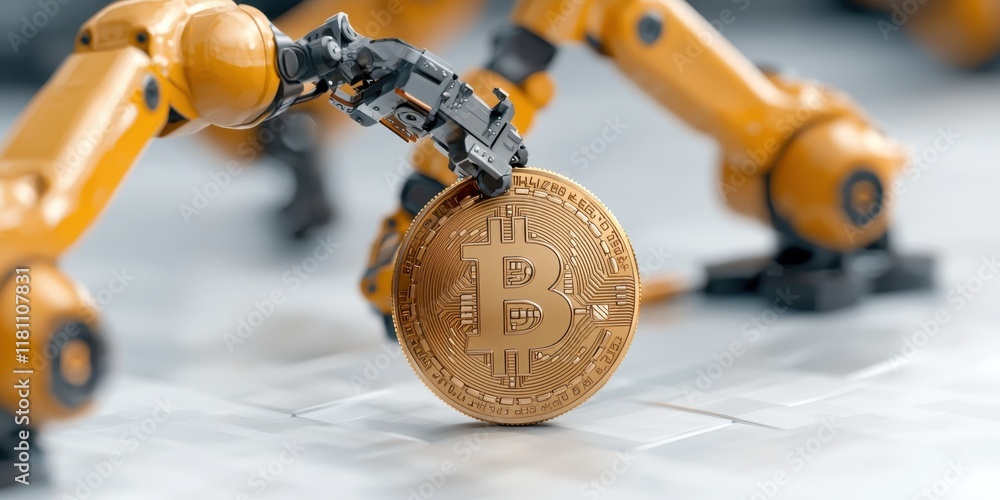 Poster robotic arms manipulating a bitcoin on a futuristic surface.