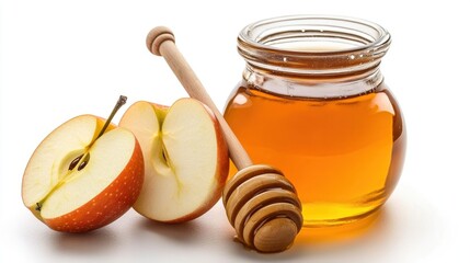 A decorative honey dish with a small apple slice beside it, ready for the Rosh Hashanah meal, isolated on a white background