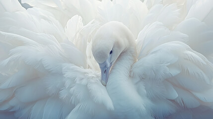 Fototapeta premium A graceful white swan surrounded by soft, intricate feathers. This serene image symbolizes elegance and purity.