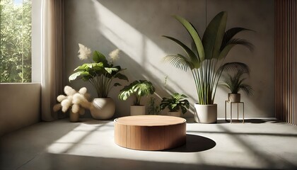 Minimalist wooden pedestal amidst sunlit indoor botanical setting