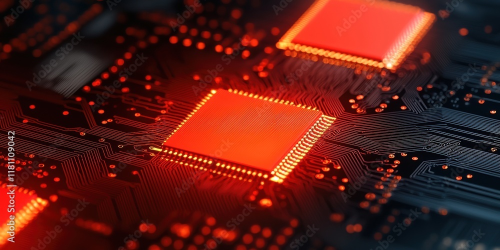 Poster close-up of a circuit board with glowing red microchips.