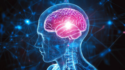 Digital brain visualization with neural network. Essential for neuroscience and cognitive research concepts.