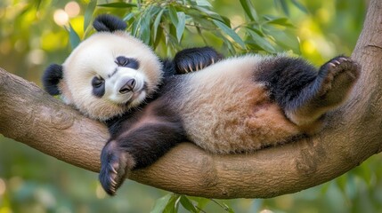 Obraz premium Adorable Panda Napping on a Branch