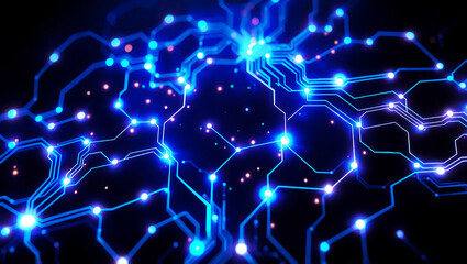 Blue Neon Circuit Board Pattern with Glowing Connections and Digital Concept. Represents high technology, digital communication, and modern innovations in computing and electronics.