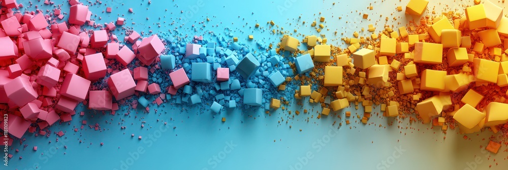 Poster abstract colorful cubes explosion: a vibrant 3d rendering of exploding colorful cubes, showcasing a 
