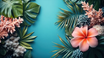 Fototapeta premium Tropical Paradise: A vibrant arrangement of lush foliage, exotic flowers, and delicate coral, creating a summery and tranquil atmosphere.