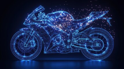 Holographic Wireframe 3D Render of Sport Bike in Neon Glow