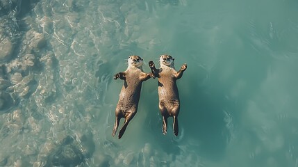 Two otters floating on their backs in clear turquoise water.
