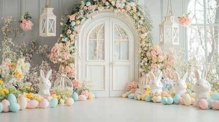 Pastel Easter Wonderland: A Festive Spring Setup with Bunnies and Floral Arch
