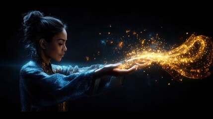 Magic Flows from Hands: Sparkling Energy Emanates Mysteriously and Gracefully in Darkness
