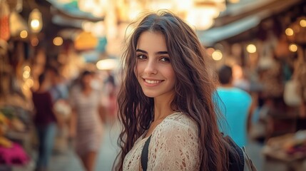 Obraz premium Beautiful Young Woman with Long Hair Smiling in a Busy Market Scene