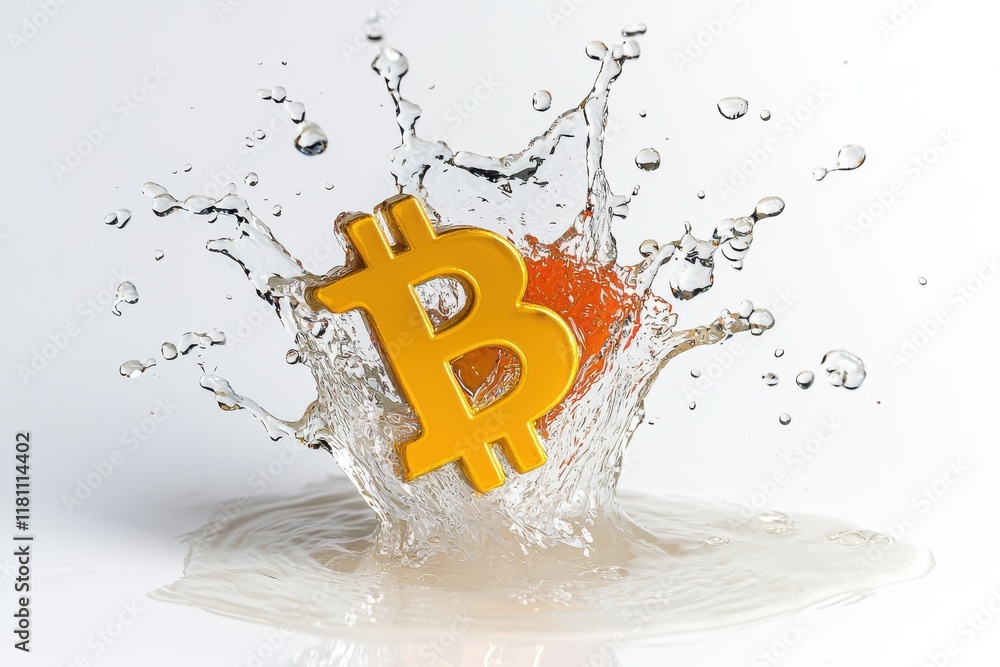 Poster bitcoin symbol splashing in water, representing cryptocurrency dynamics.