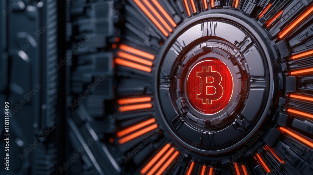 Poster close-up of a bitcoin symbol on a high-tech circuit board.