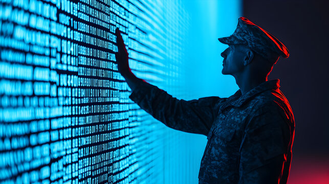 Soldier engaging with digital data in a high-tech military environment