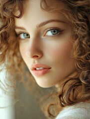 Fototapeta premium Close-up portrait of a young woman with curly hair and captivating green eyes, showcasing soft makeup and natural beauty in a softly lit setting.