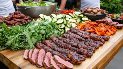 Obraz premium A vibrant outdoor spread featuring grilled meats, fresh vegetables, and a variety of colorful salads, perfect for a gathering or barbecue.