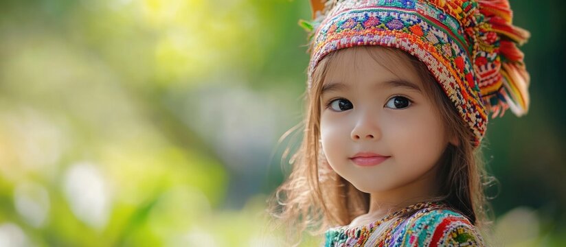 Portrait of adorable young girl from the hill tribes of Thailand, showcasing traditional attire and vibrant colors amidst a natural background.