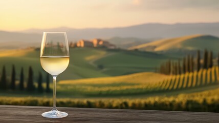 Obraz premium A serene landscape featuring a glass of white wine in the foreground, with rolling hills and a sunset backdrop, evoking relaxation and nature's beauty.