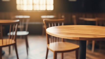 A cozy interior featuring a wooden table and chairs, illuminated by warm sunlight, creating a welcoming atmosphere.