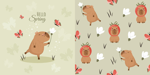 Spring children's background and seamless pattern with funny capybaras, butterflies and flowers. Vector design for fabric, wallpaper, wrapping paper and more.