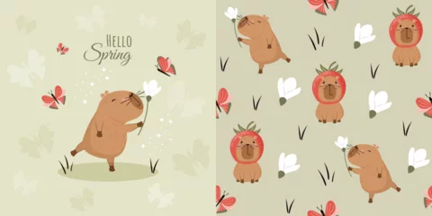 Spring children's background and seamless pattern with funny capybaras, butterflies and flowers. Vector design for fabric, wallpaper, wrapping paper and more.