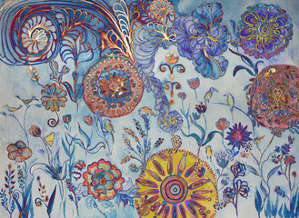Ornamental garden with birds and flowers and blue background. The dabbing technique near the edges gives a soft focus effect due to the altered surface roughness of the paper.