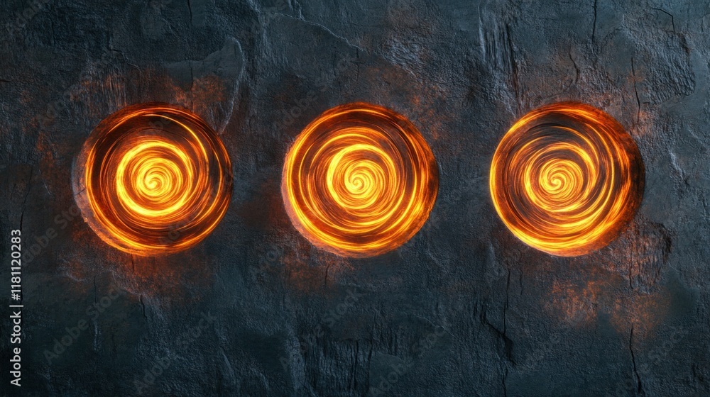 Poster glowing spiral circles embedded in dark stone wall abstract art background design