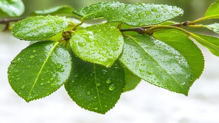 Fresh Green Leaves with Dew Drops