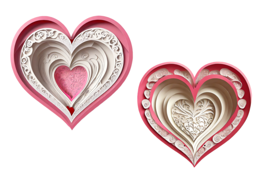 Gorgeous Pink and White 3D Heart Shaped Icons of Papercut Art on Transparent Background, PNG file - Powered by Adobe