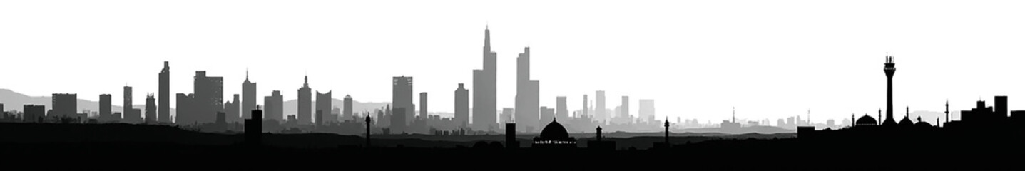 Fototapeta premium A minimalist silhouette of a modern city skyline against a white background, featuring various architectural styles.