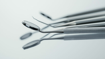 Professional dental tools arranged on a reflective surface in a clinical setting ready for dental procedures and examinations. Generative AI